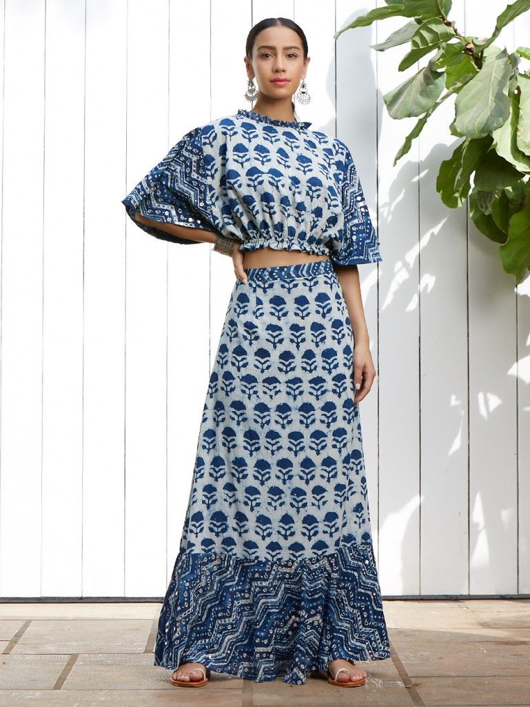 Indigo Floral Printed Cotton Crop Top 