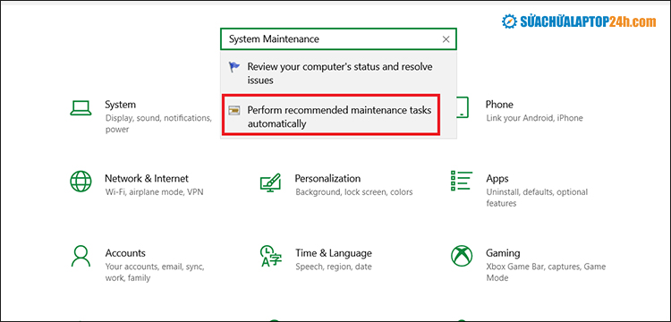 Nhập System Maintenance trong ô tìm kiếm và chọn Perform...