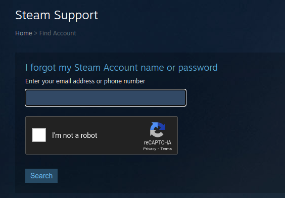 Screenshot of Steam Support asking for an email address or phone number