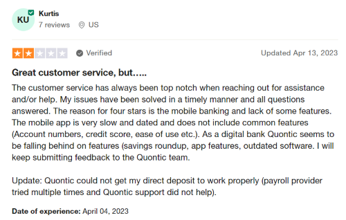 A negative Quontic bank review from a member who has found the Quontic support team to be unhelpful. 