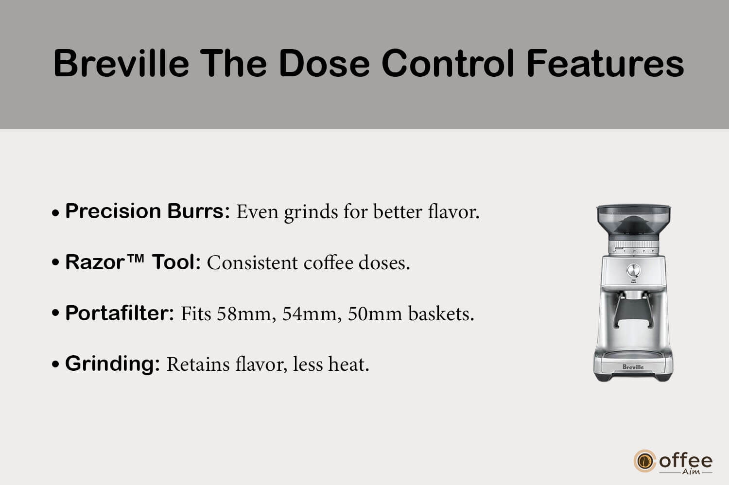 This image highlights the features of "Breville The Dose Control" as detailed in the article "Breville The Dose Control Review."