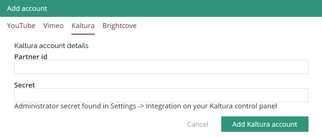 Kaltura section on Amara team integrations page with integration enabled and text fields for partner id and secret