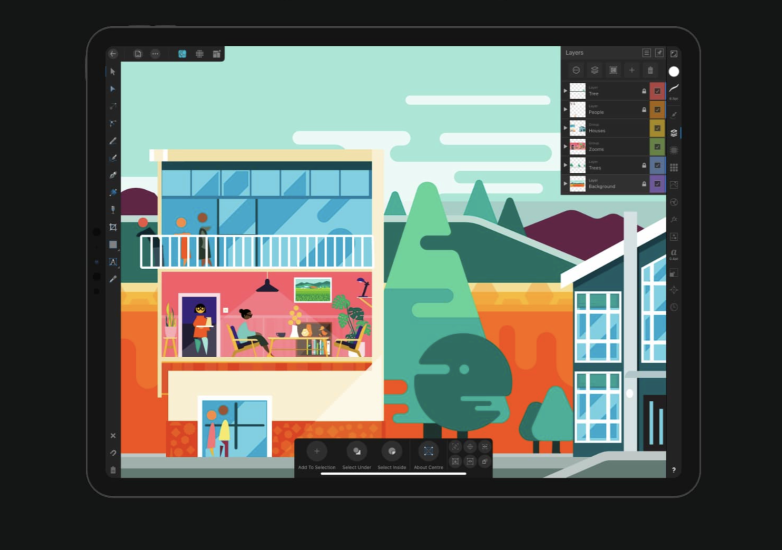 ipad with illustration drawing of residential house in colorful palette