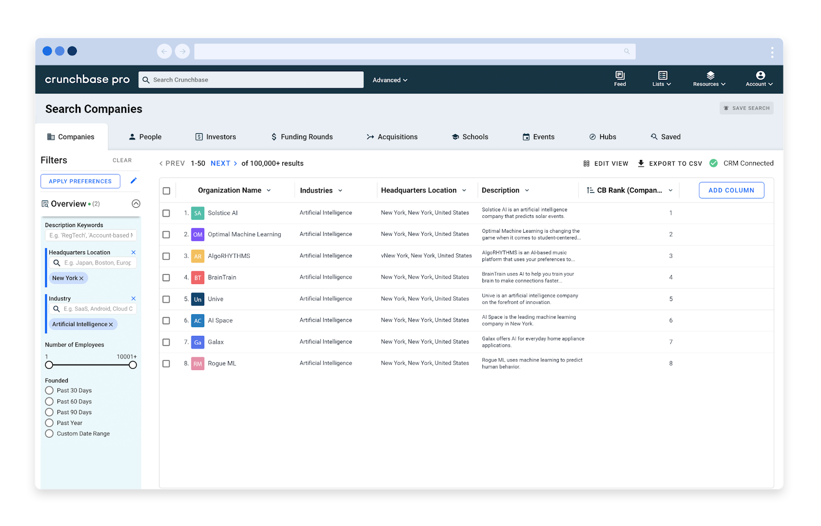 Crunchbase company search filters