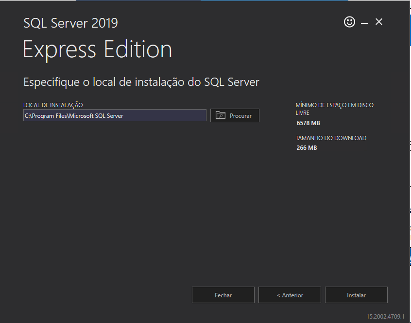 Opção de local de instalação do SQL Server