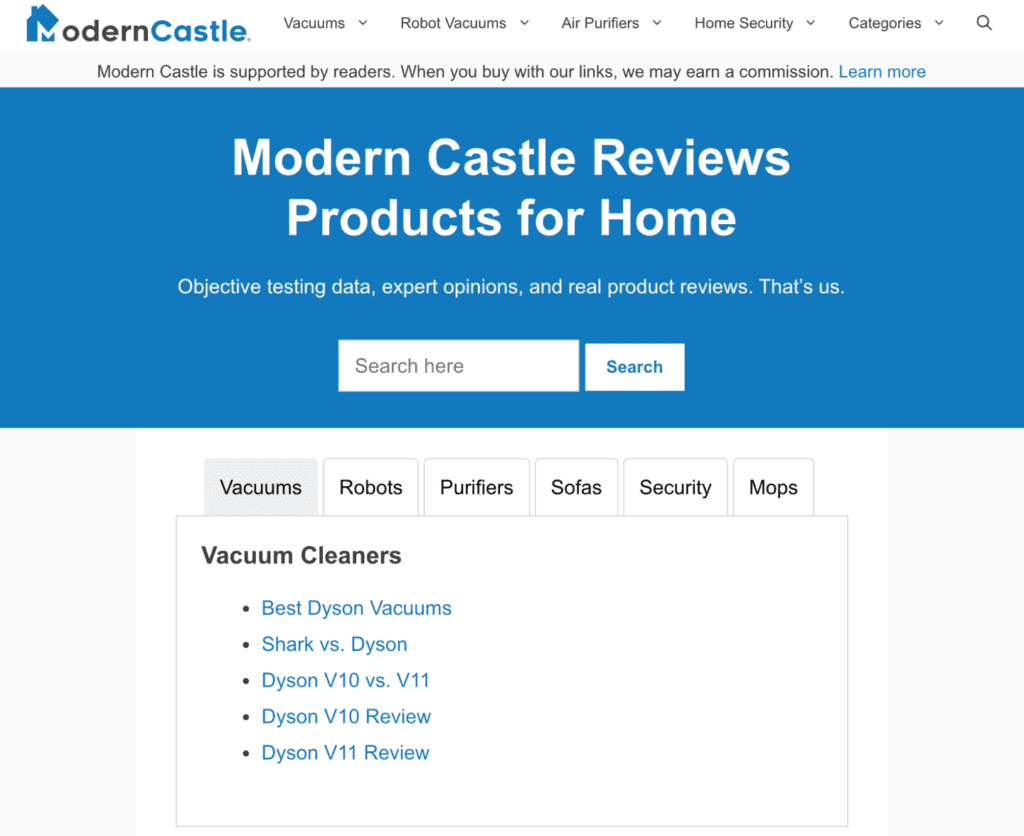 الصفحة الرئيسية لموقع Moderncastle.com