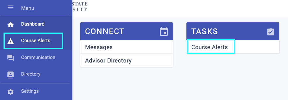 You can access Course Alerts page via the left nav bar or under the Tasks tile on your homepage.