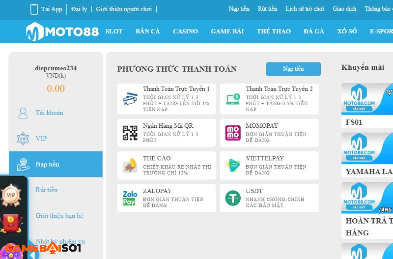 nạp tiền tại moto88