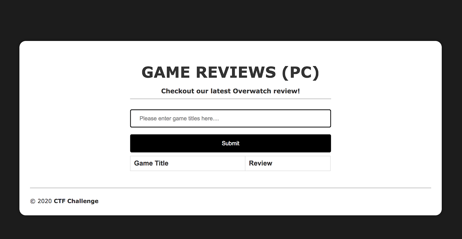 Screenshot of Game Reviews website with submission field.