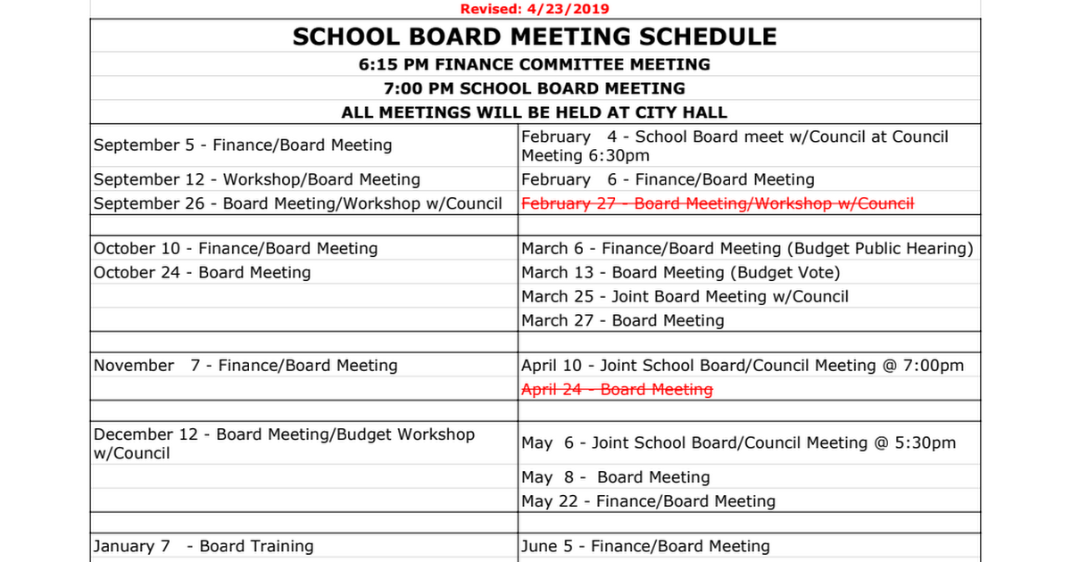 School Board Meeting Schedule 2018-19 - Google Sheets