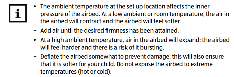Air bed manufacturer disclosure on temperature