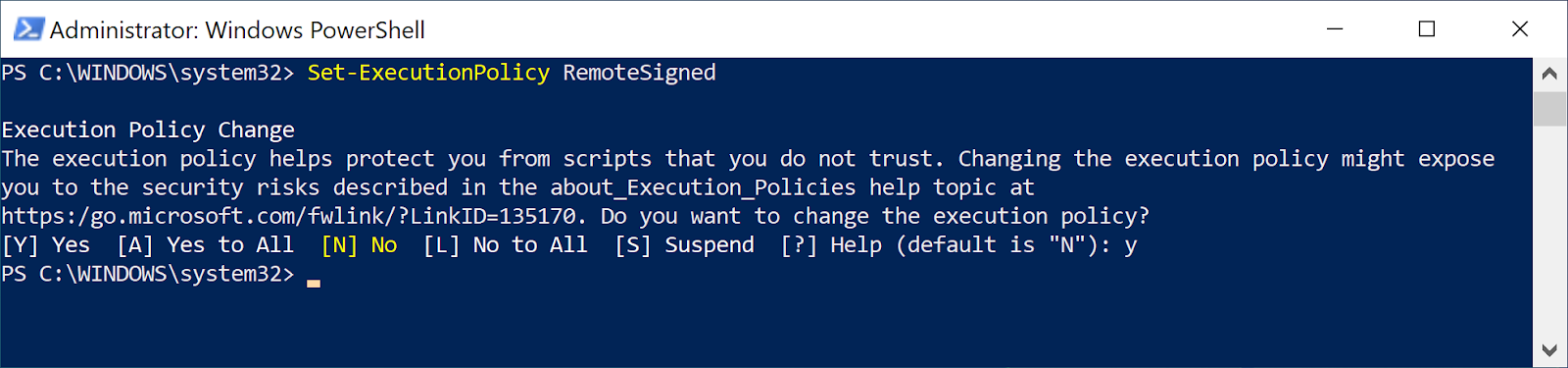 Setting execution policy output