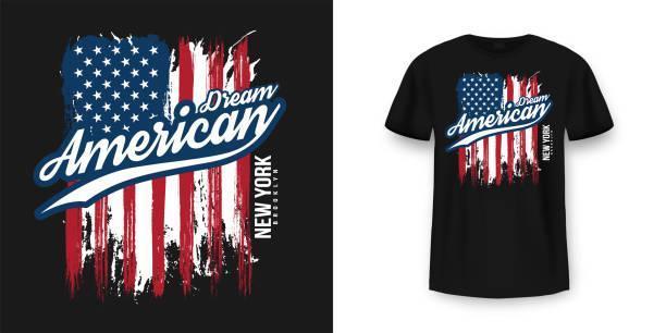 T-shirt graphic design with american flag and grunge texture. New York City typography t shirt and apparel design. Vintage and authentic print on t-shirt mockup T-shirt graphic design with american flag and grunge texture. New York City typography t shirt and apparel design. Vintage and authentic print on t-shirt mockup. Vector American tee shirts stock illustrations