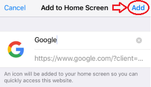 Final step to adding Google to home screen with the Safari browser