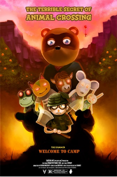 Fan-made poster of Animal Crossing designed to look like a horror movie. NPCs from the game loom over the player with red in their eyes. 