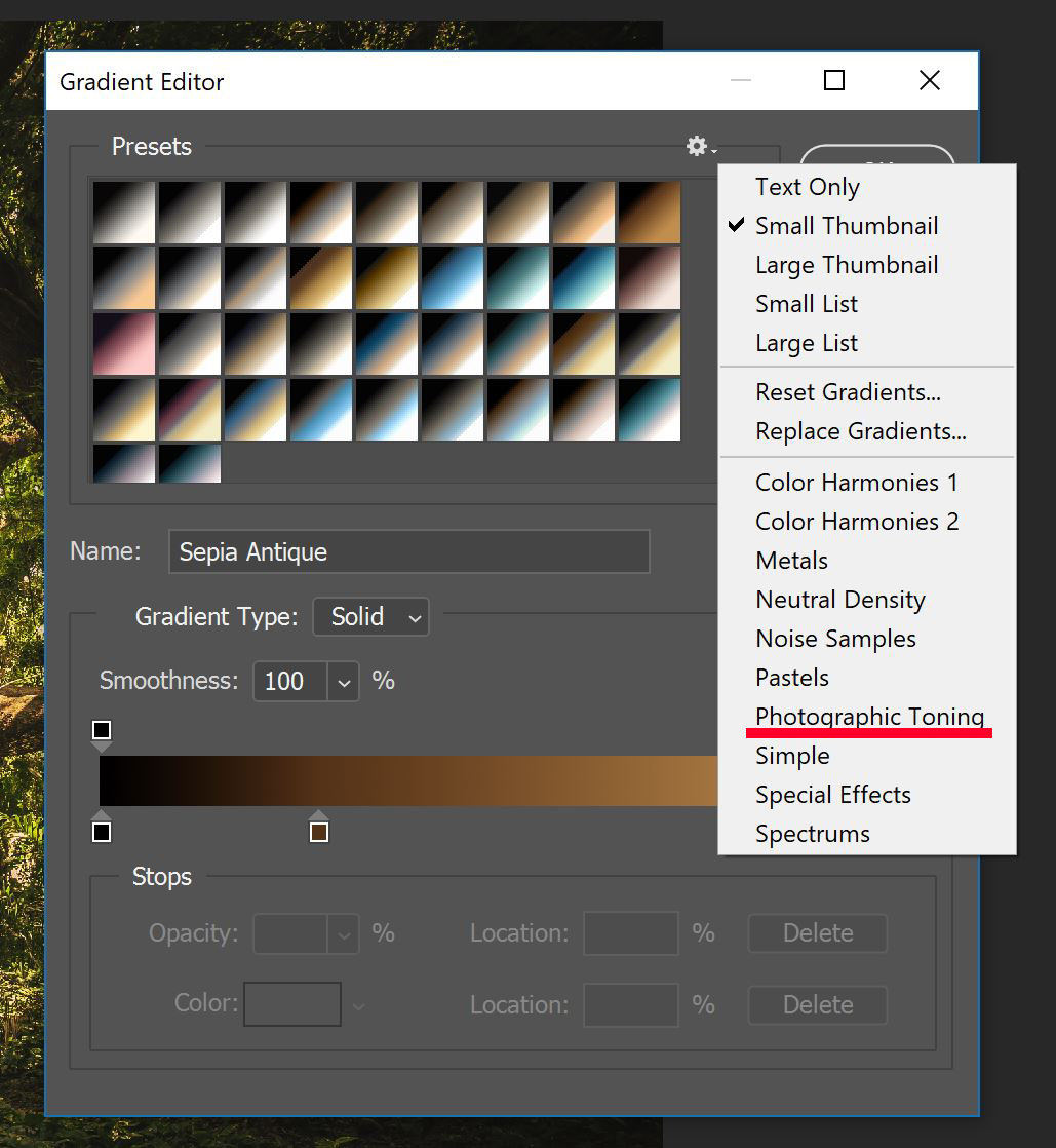 Gradient Editor panel with Photographic Toning option underlined in red