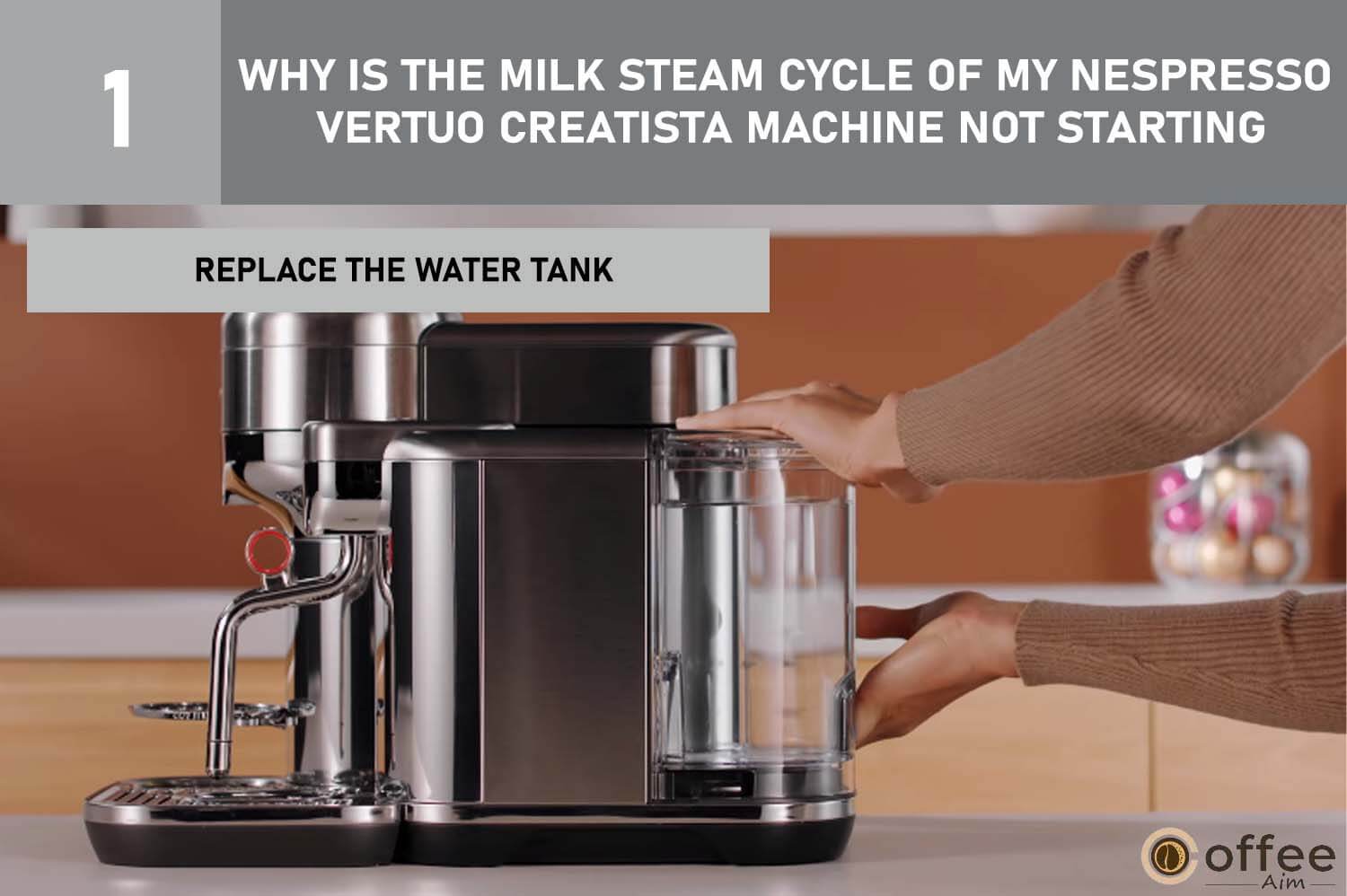 Image shows steps to replace water tank in Nespresso Vertuo Creatista. Follow for milk steam cycle issue. Article details fixes.