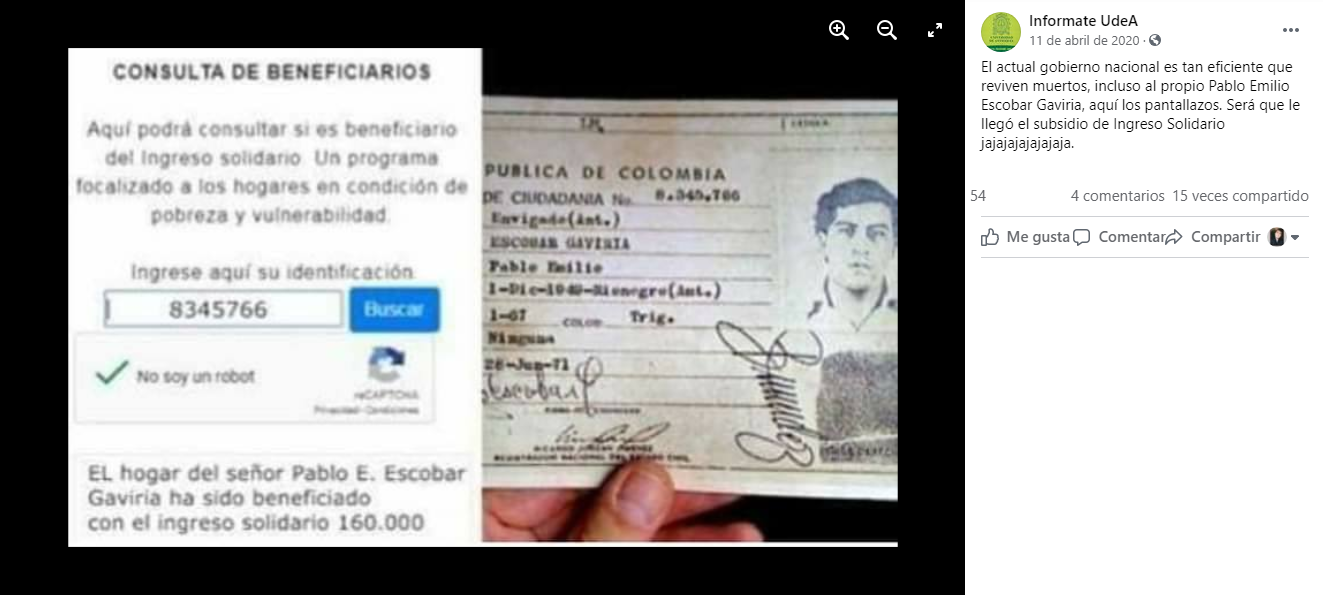 Detector: La cédula de Pablo Escobar no recibió el subsidio de ingreso  solidario en 2020