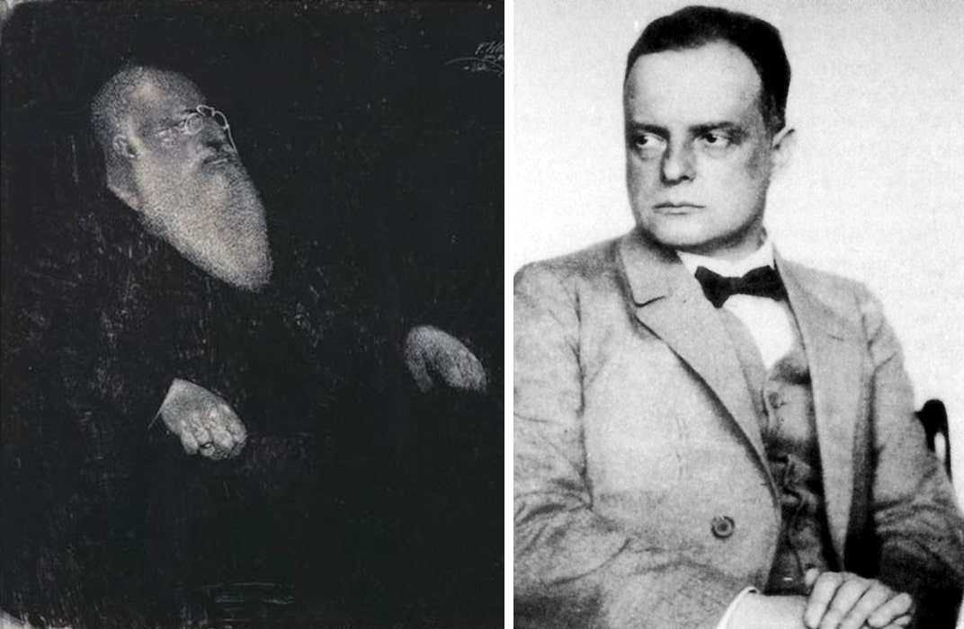 Portrait of Hans Wilhelm Klee, 1906, glass painting; with photo of Paul Klee by Hugo Erfurth, 1927
