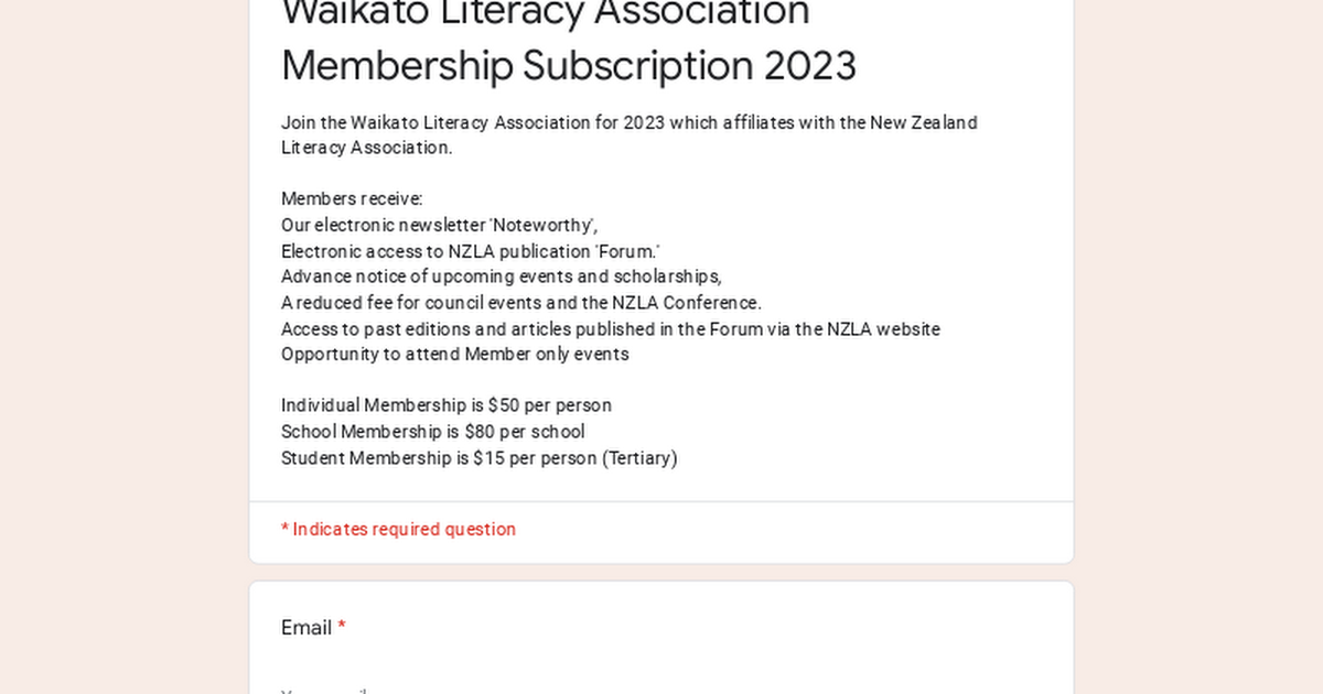 Waikato Literacy Association Membership Subscription 2023