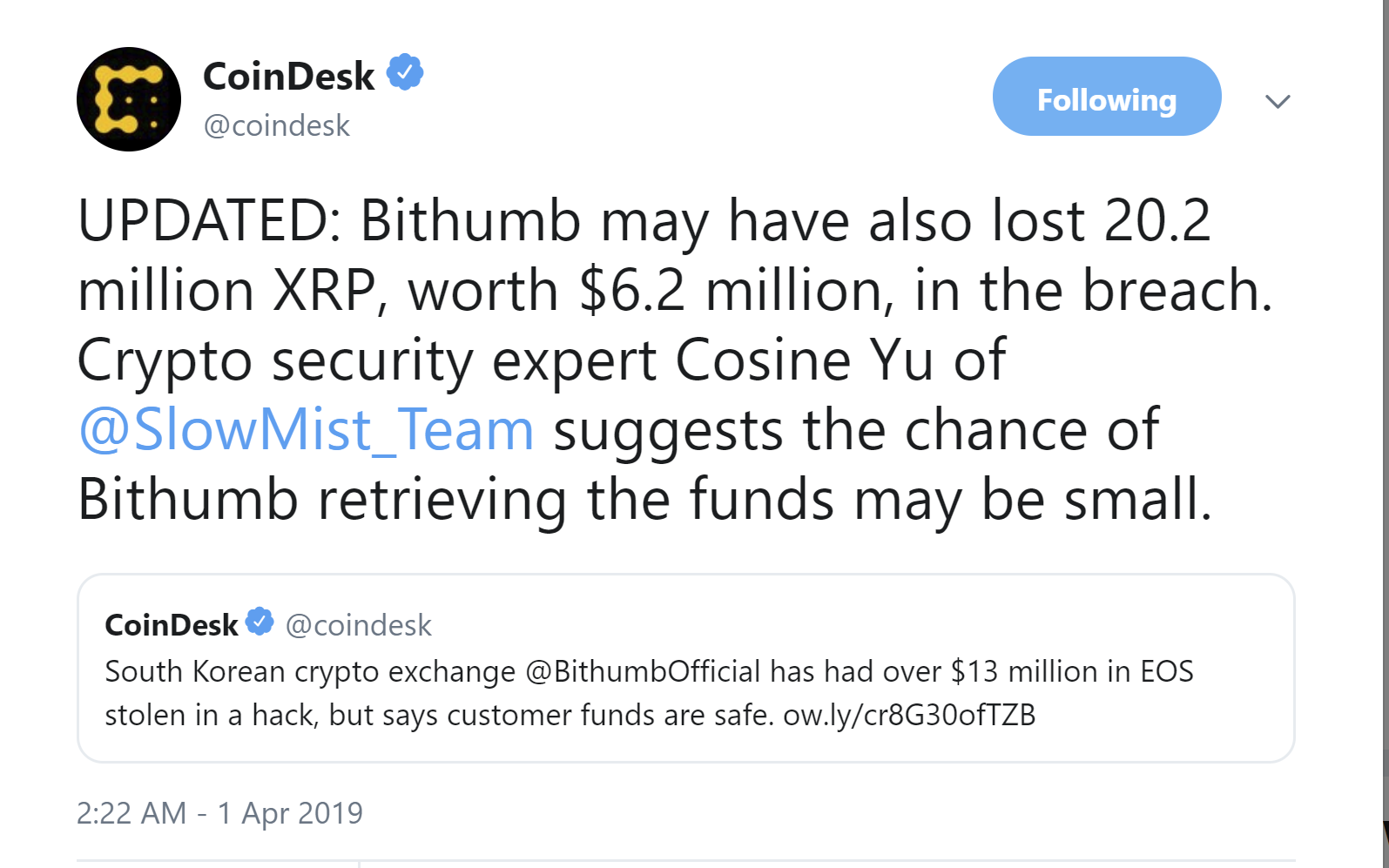 CoinDesk Bithumb Update Tweet on hack