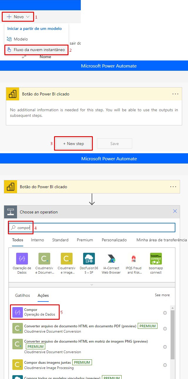 Colagem com telas do aplicativo Power BI. Na primeira, um recorte do botão "Novo" com menu suspenso (Etapa 1). O menu sugere "Iniciar a partir de um modelo: Modelo; Fluxo da nuvem instantâneo". O botão de fluxo está selecionado (Etapa 2). Na segunda tela, a aba Microsoft Power Automate está aberta e o botão "New step" selecionado (Etapa 3). Na terceira tela, a mesma aba indica "Choose an operation" e a busca pelo termo "compor" (Etapa 4) resulta na ação "Compor", com descrição "Operação de Dados" (Etapa 5).