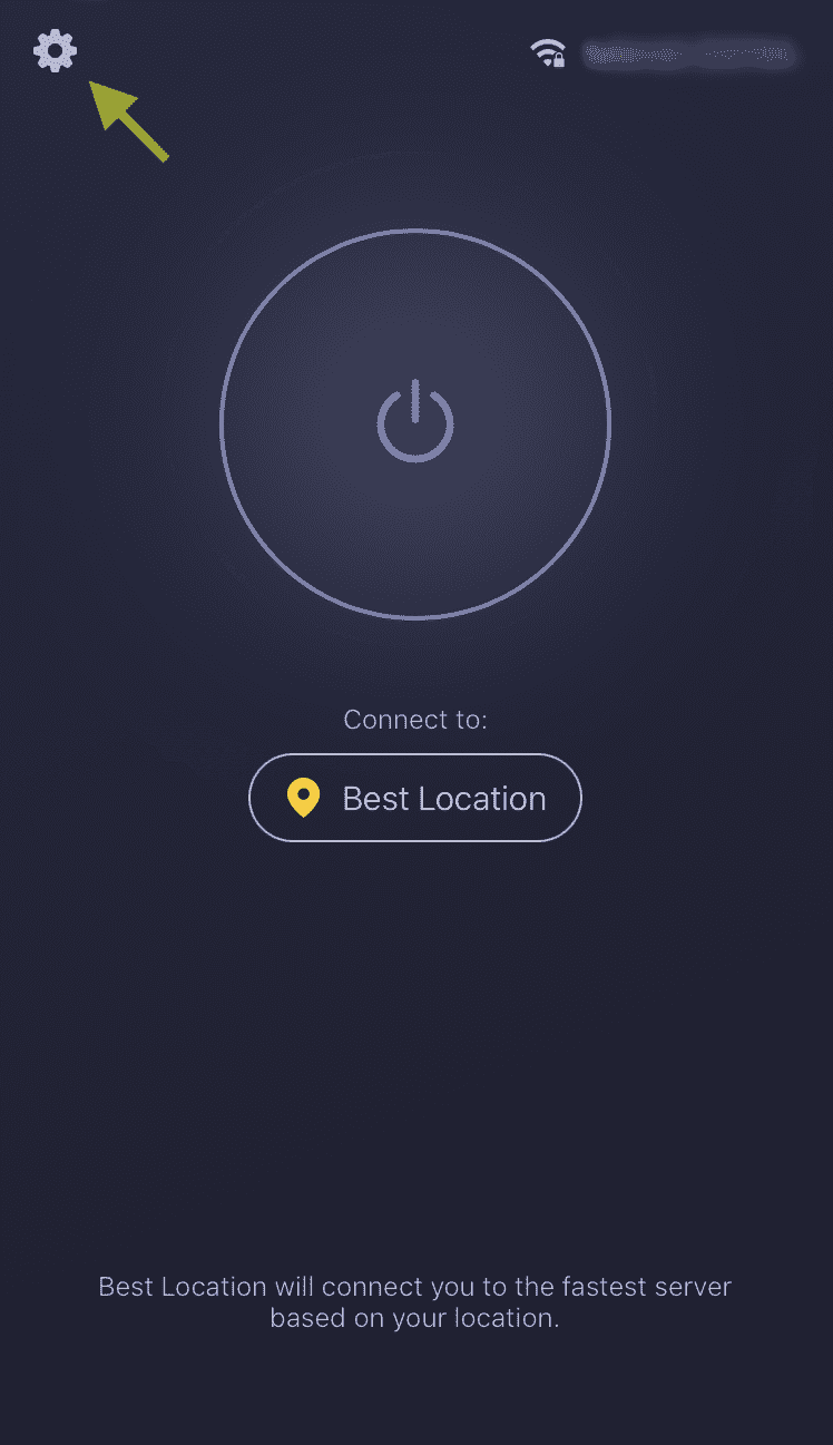 CyberGhost VPN iOS app interface with an arrow pointing to the Settings icon at the top left