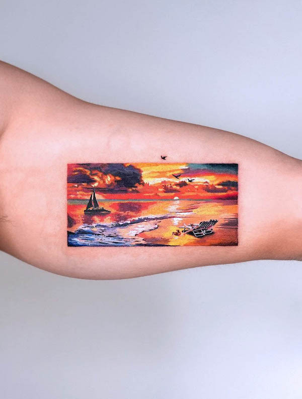 Picture depicting the sunset wave tattoo deign