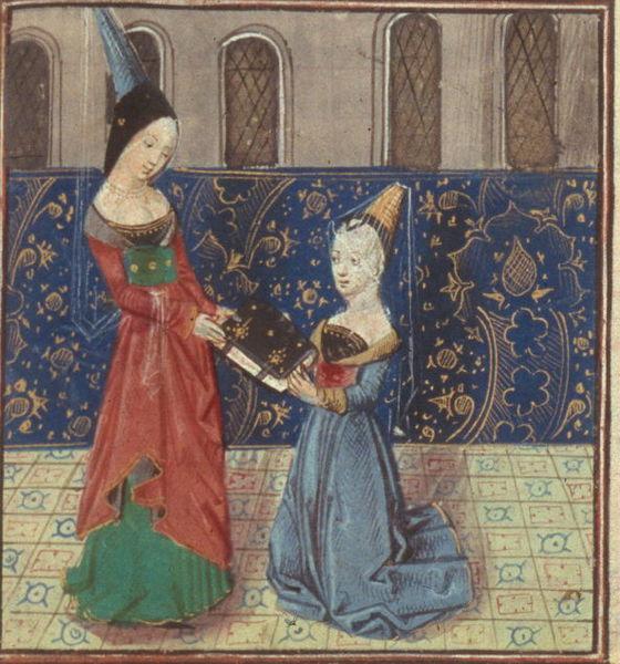 Painting of Christine de Pizan presenting her book. to another women. One of the women is on her knees. They are both wearing cool pointy hats.