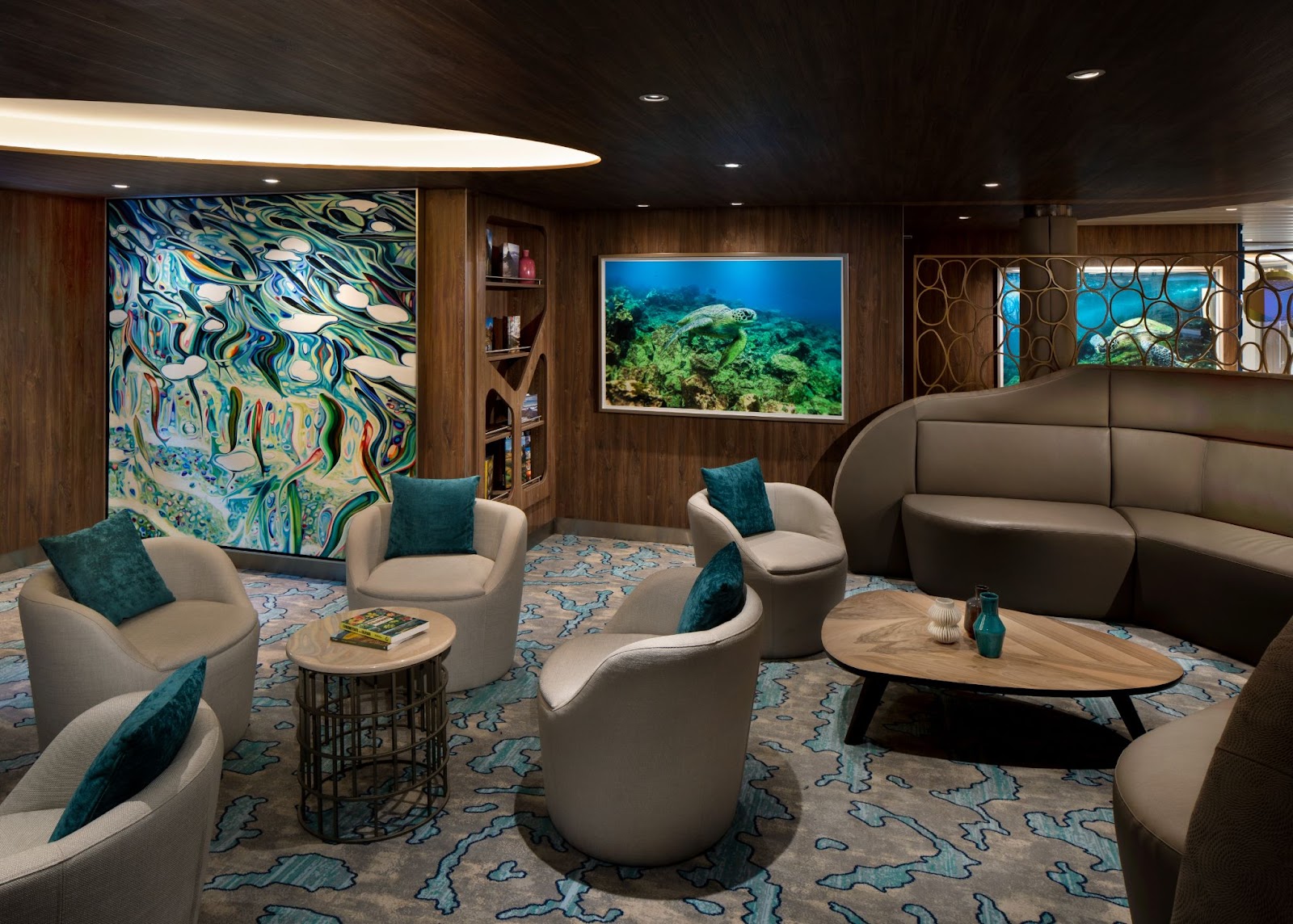 The Naturalist Lounge- Enrichment and Social Space for guests to interact with onboard naturalists