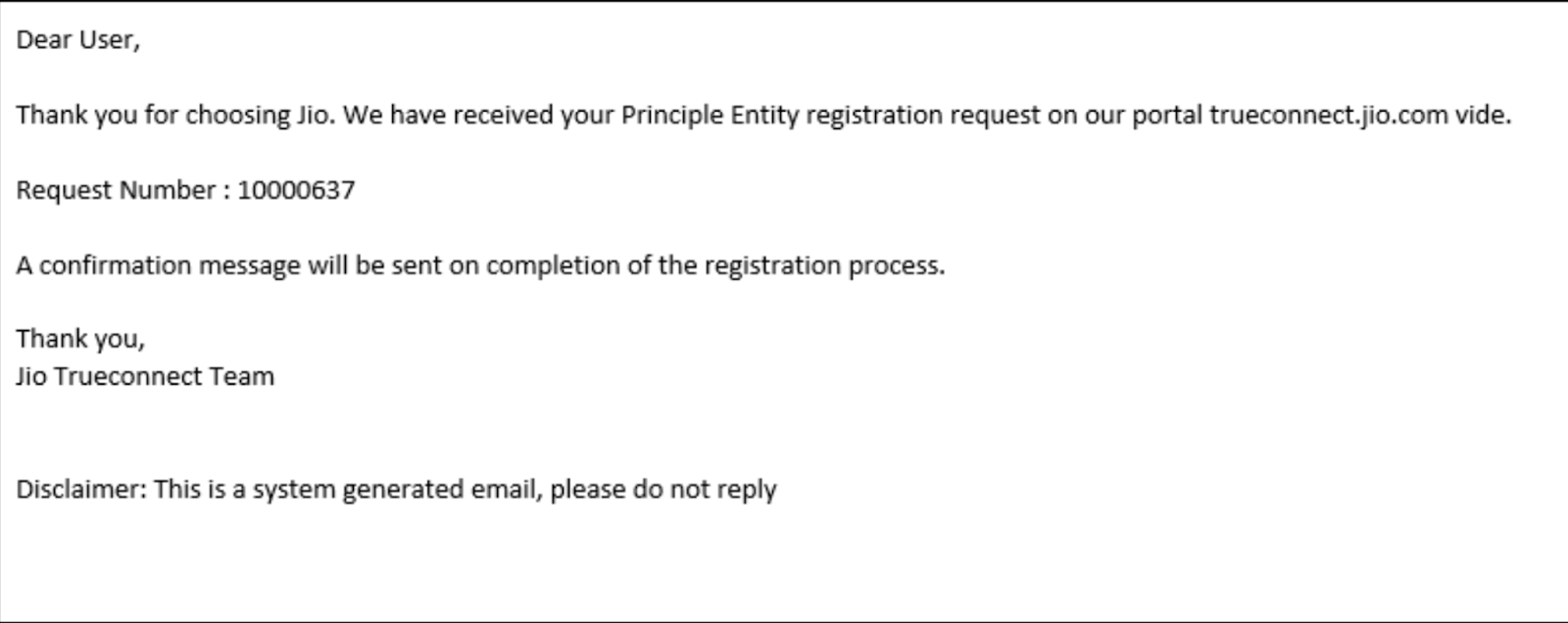 Email confirming Jio DLT registration | SMSCountry