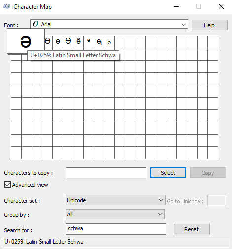 searching for schwa Symbols text in character map view