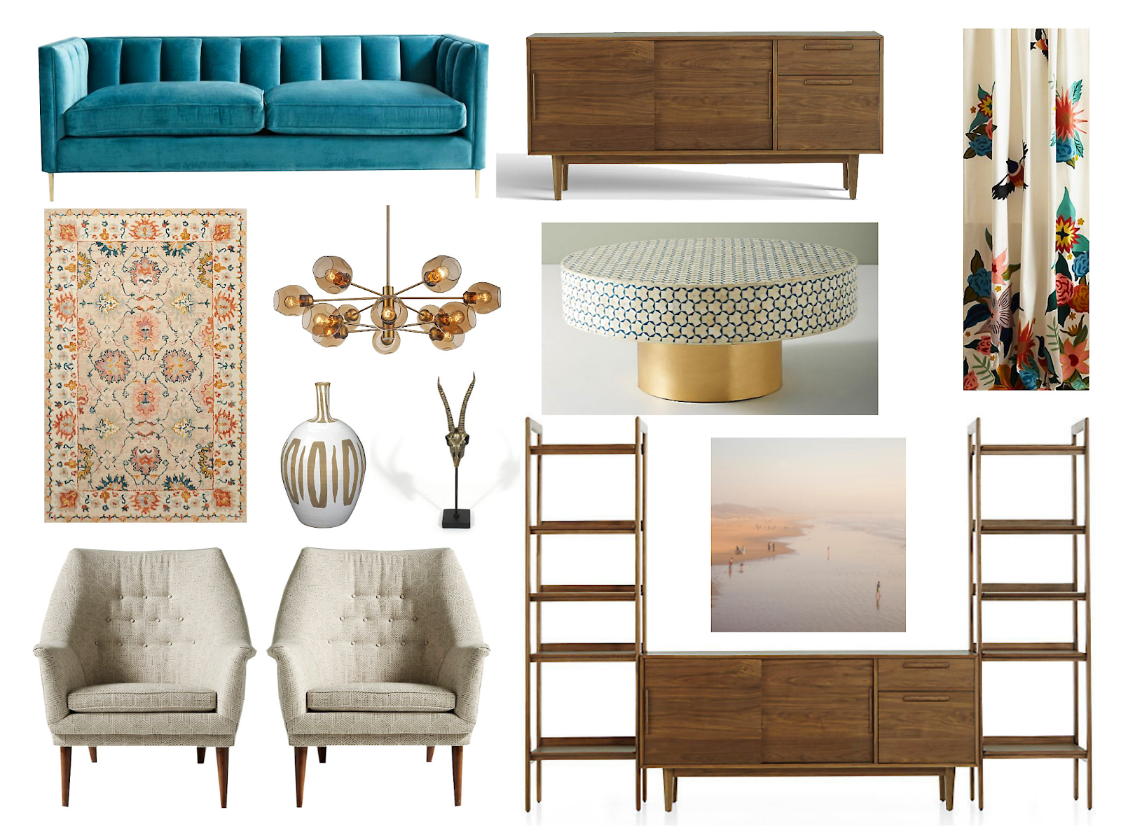 interior design moodboard example: Mid-century modern moodboard with gold accents