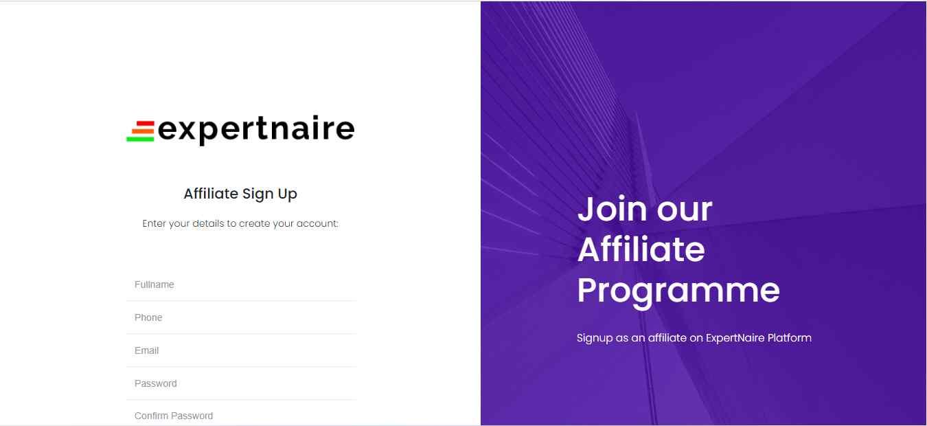 Expertnaire affiliate sign up page