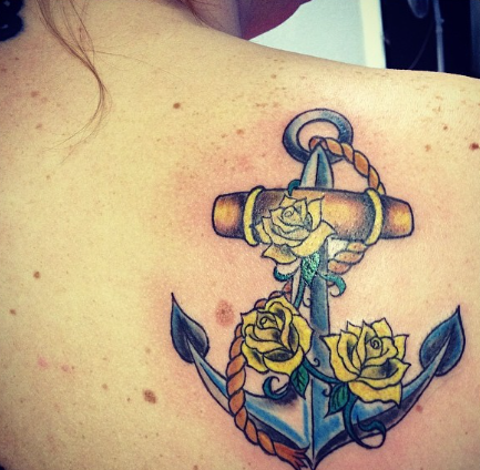 Yellow Roses With Anchor Tattoo For Women