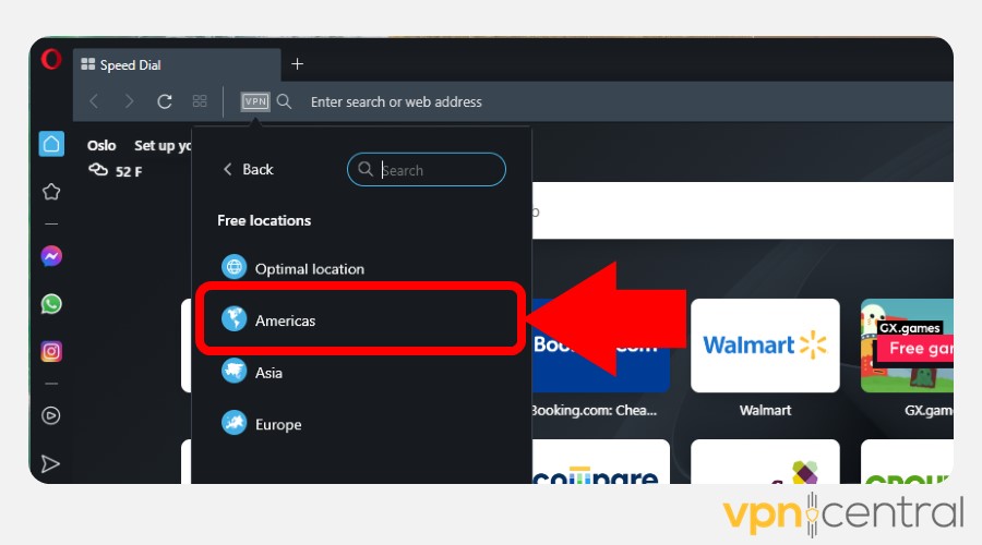 opera browser vpn americas location
