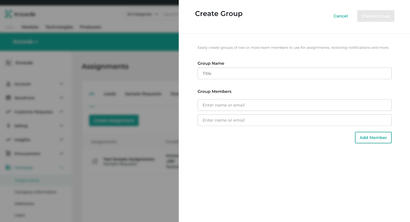 Chemical suppliers can create groups of users within the Assignments page, reducing the time it takes for a lead or request to find the right person