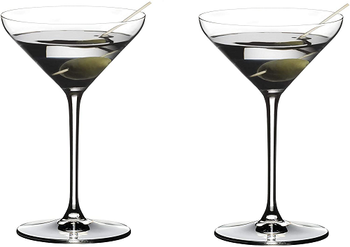 two martini glasses with olives