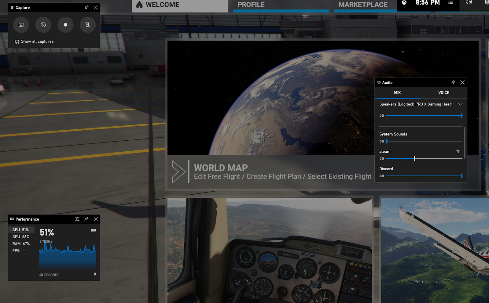 setting on flight simulator game