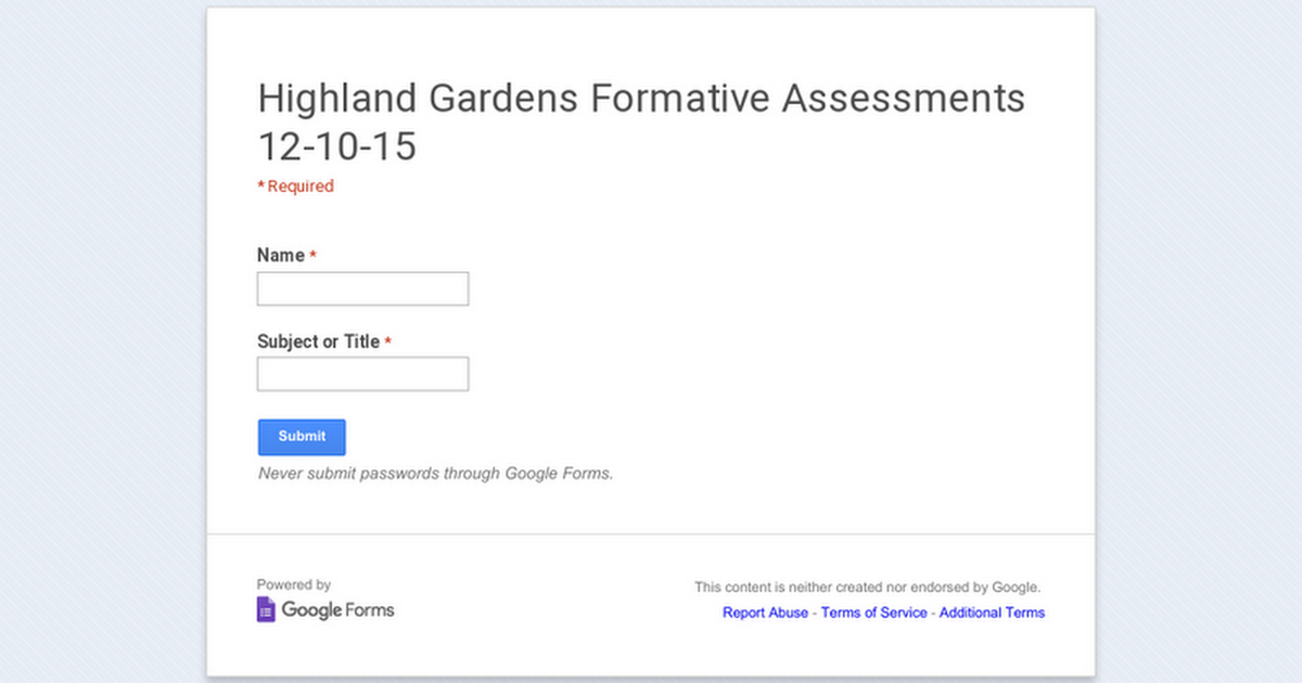 Highland Gardens Formative Assessments 12-10-15