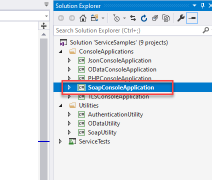 Solution Explorer 
Search Solution Explorer (Ctrl+;) 
Solution 'ServiceSampIes' (g projects) 
ConsoleAppIications 
@ JsonConsoIeAppIication 
ODataConsoIeAppIication 
SoapConsoIeAppIication 
onso pp von 
Utilities 
@ AuthenticationUtiIit,' 
ODataUtiIity 
@ SoapUtiIit,' 
ServiceTests