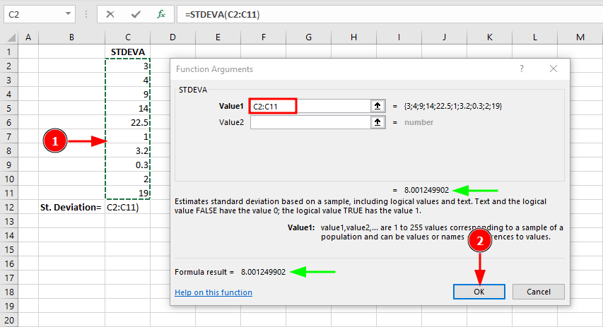 STDEVA function to calculate sample standard deviation in Excel. Source: uedufy.com