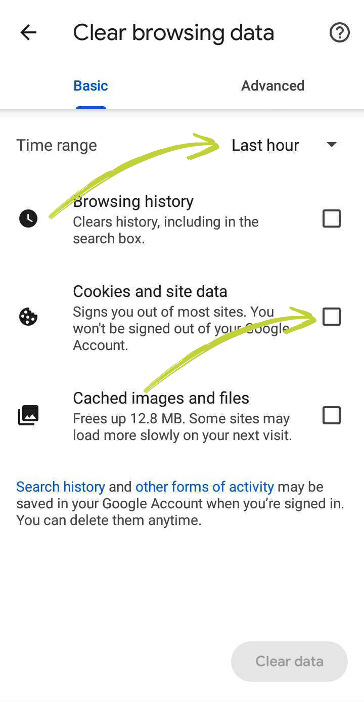 Set the Time range and tap on the Cookies and site data