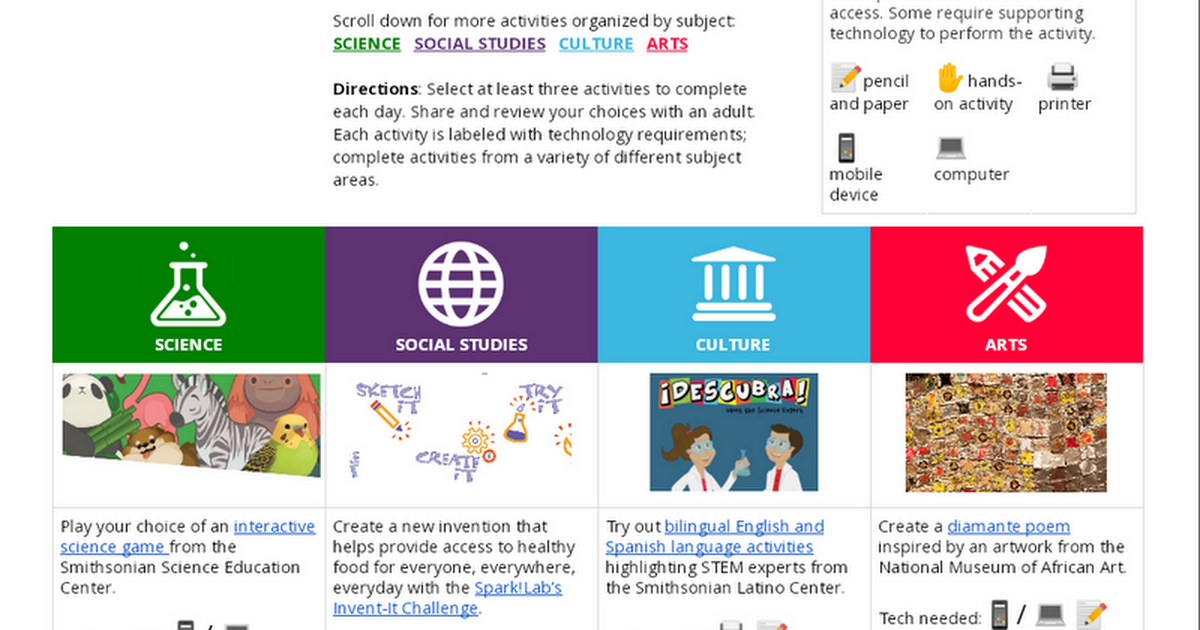 Smithsonian Learning Activities Choice Board (March 23, 2020)