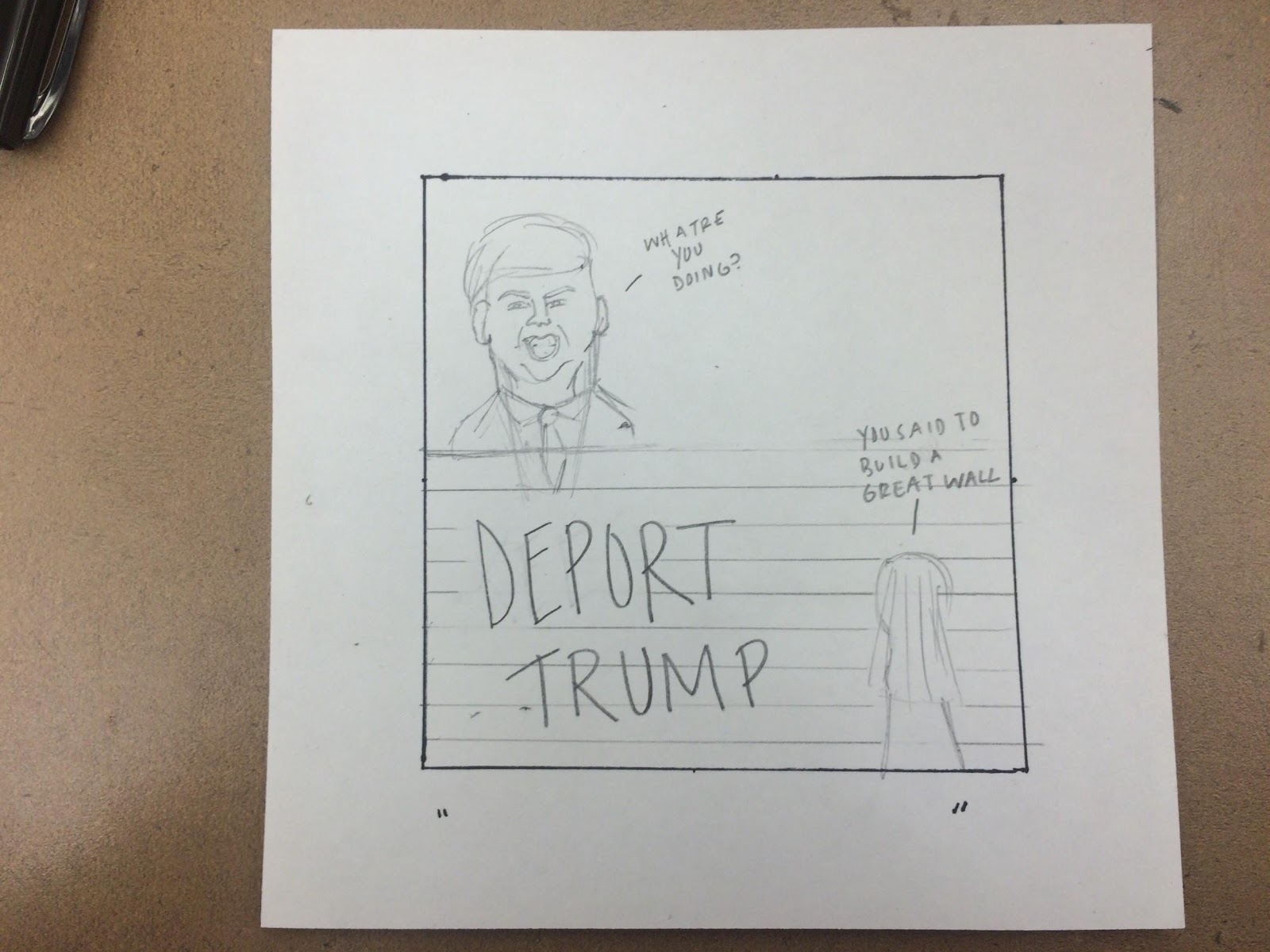 A series of images showing the steps of a political cartoon being drawn. The cartoon itself is about Donald Trump's border wall policies.
