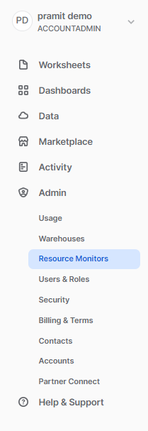 Admin section and Usage dropdown - Snowflake Resource Monitors