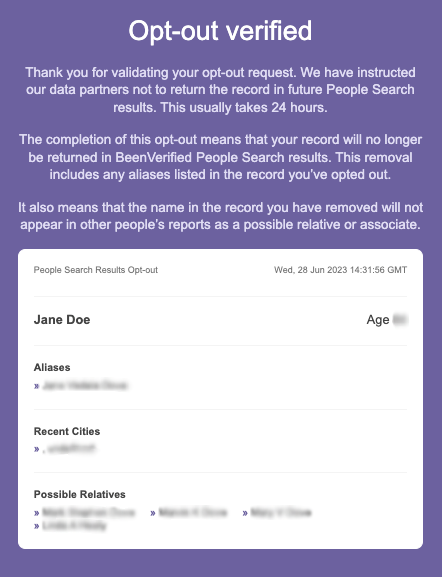 Successful BeenVerified opt out confirmation email