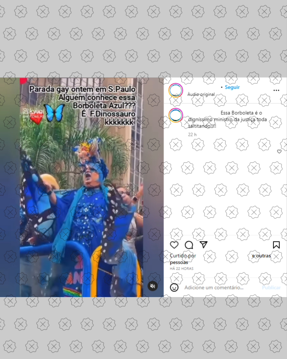 Vídeo alega que pessoa vestida de borboleta em Parada LGBT+ em São Paulo seria o ministro Flávio Dino, o que não é verdade