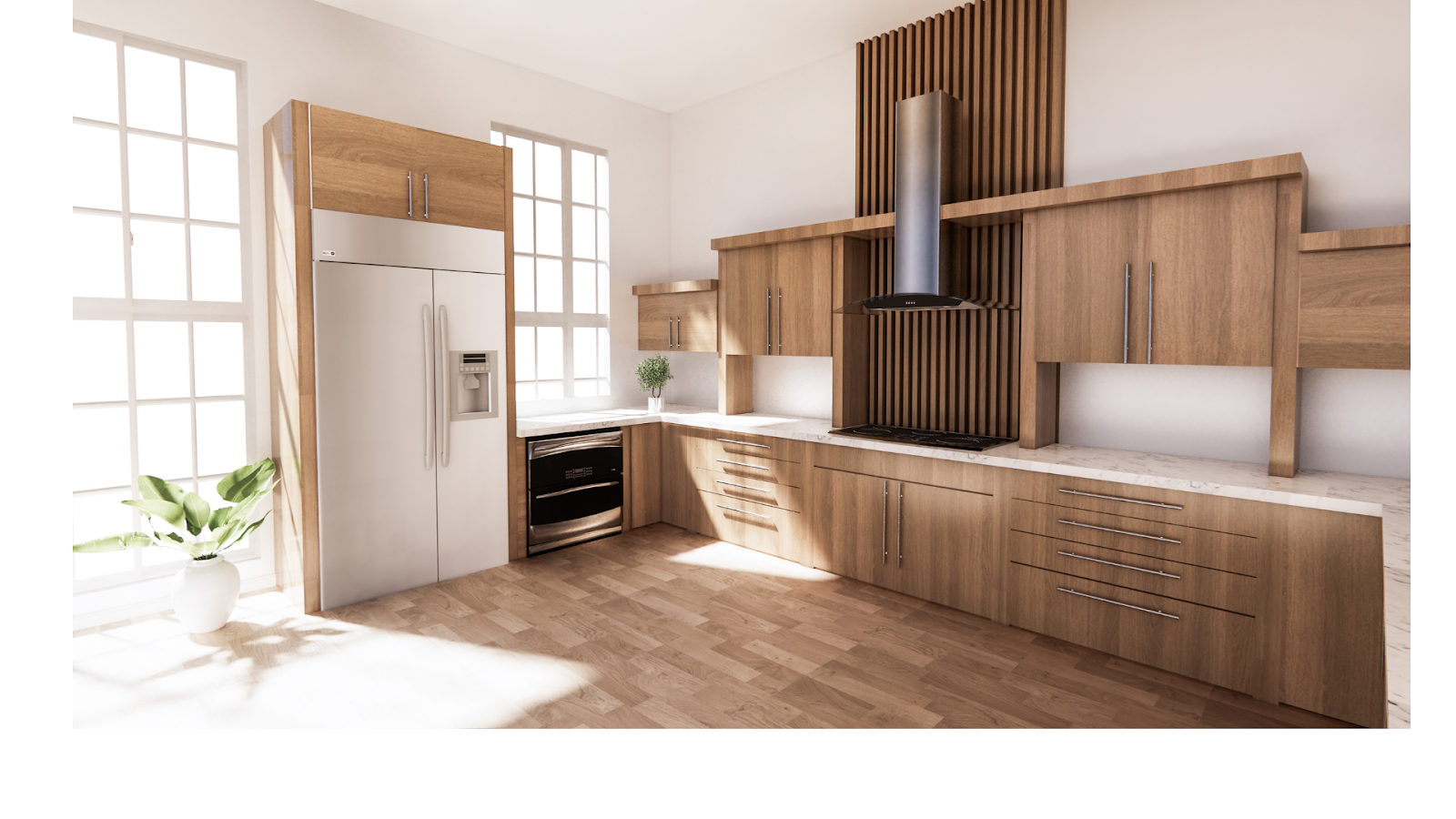 A kitchen with a wooden floor