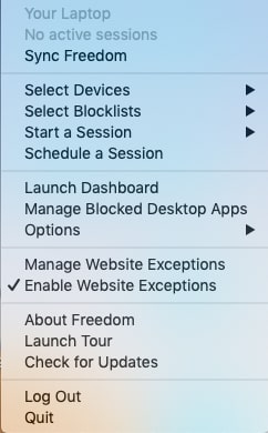 Add desktop apps to a blocklist by selecting Manage website exceptions
